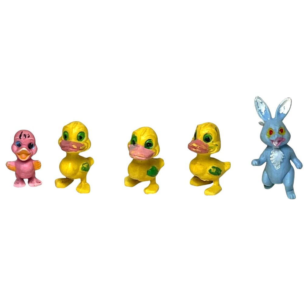 5 Vintage Miniature Figures - 3 Ducks, 1 Bunny, 1 Duckling - 1-1.5" Cake Toppers